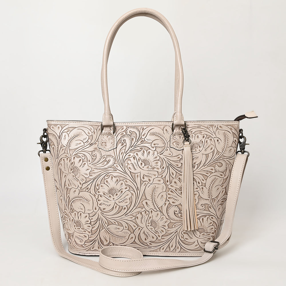 ADBG1480 American Darling Hand Tooled Western Leather Tote Bag with Floral Carving & Tassel - Genuine Leather