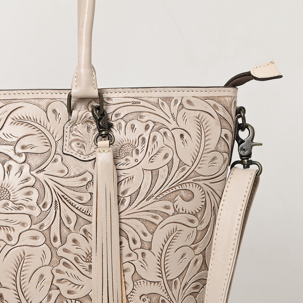 ADBG1480 American Darling Hand Tooled Western Leather Tote Bag with Floral Carving & Tassel - Genuine Leather