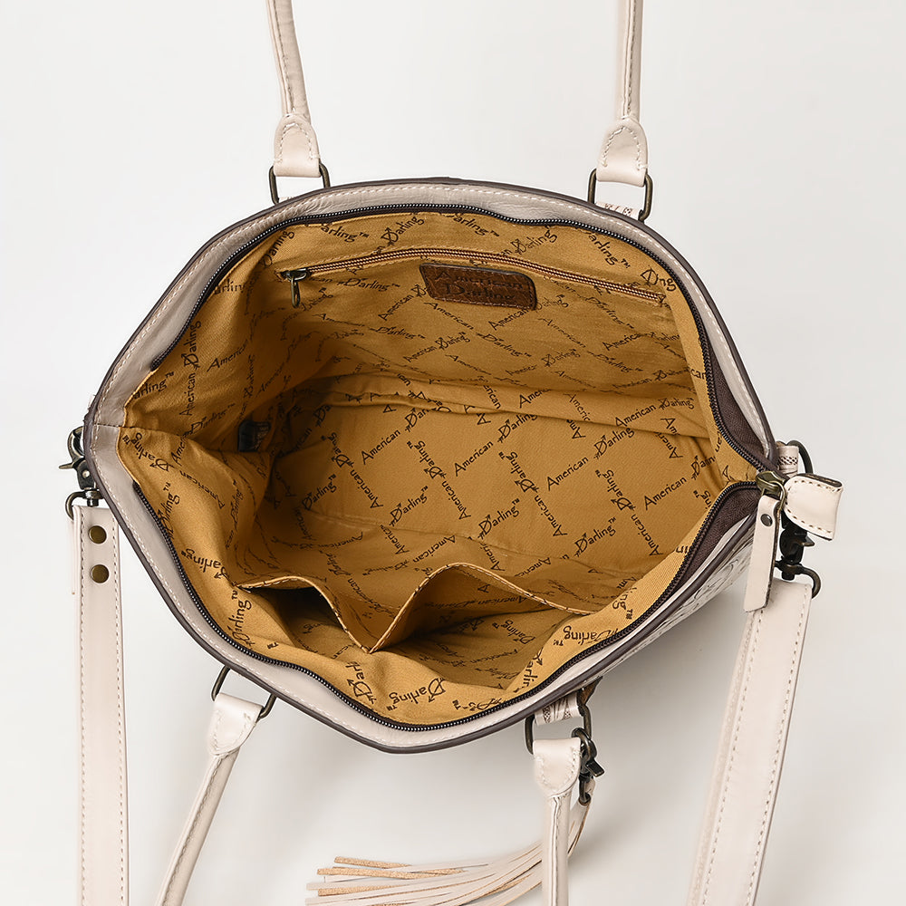 ADBG1480 American Darling Hand Tooled Western Leather Tote Bag with Floral Carving & Tassel - Genuine Leather
