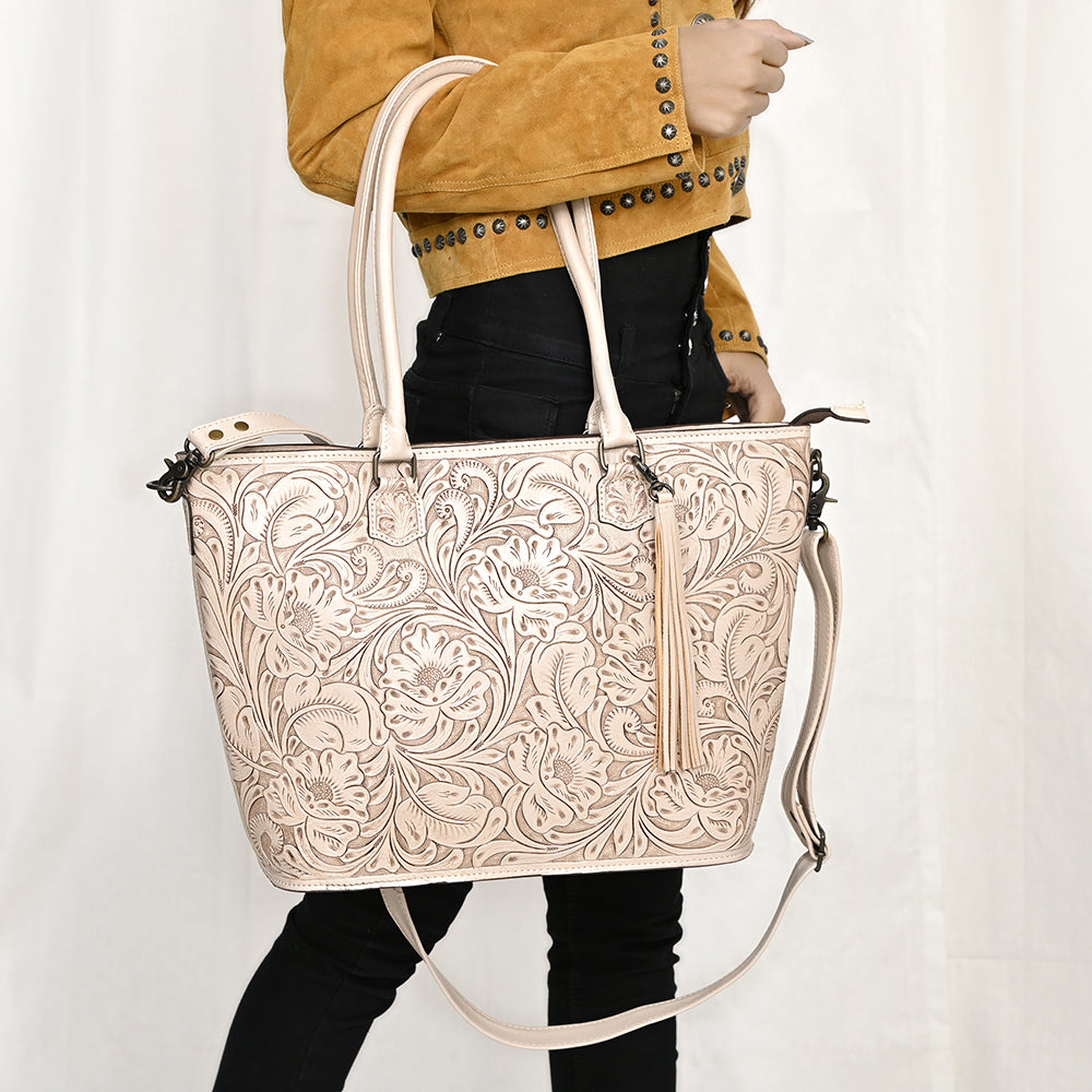 ADBG1480 American Darling Hand Tooled Western Leather Tote Bag with Floral Carving & Tassel - Genuine Leather