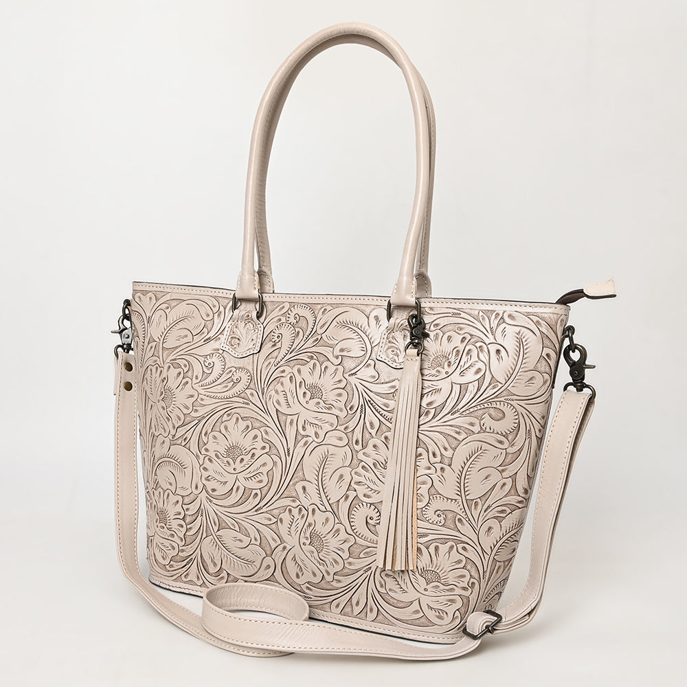 ADBG1480 American Darling Hand Tooled Western Leather Tote Bag with Floral Carving & Tassel - Genuine Leather