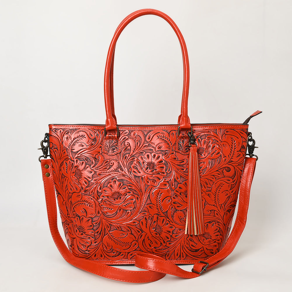 ADBG1480 American Darling Hand Tooled Western Leather Tote Bag with Floral Carving & Tassel - Genuine Leather