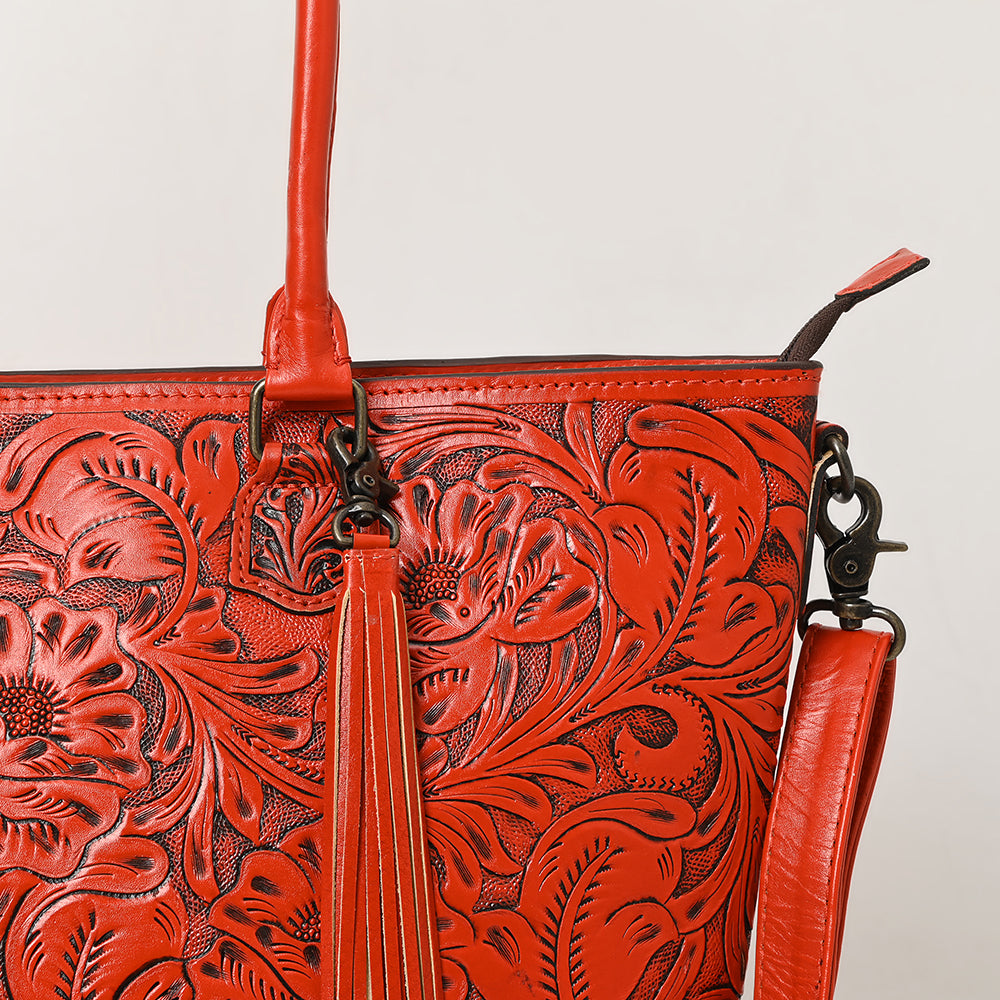 ADBG1480 American Darling Hand Tooled Western Leather Tote Bag with Floral Carving & Tassel - Genuine Leather
