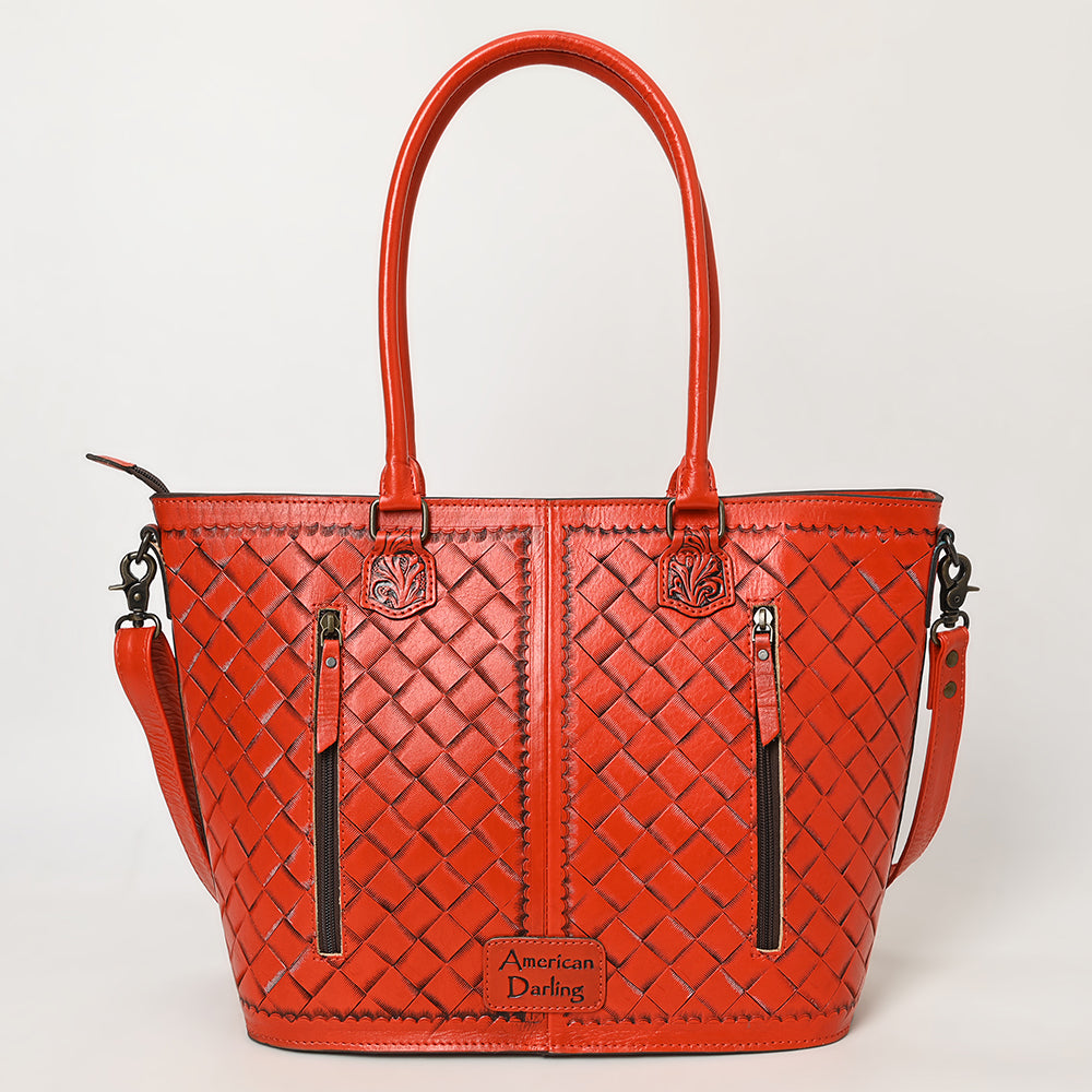 ADBG1480 American Darling Hand Tooled Western Leather Tote Bag with Floral Carving & Tassel - Genuine Leather