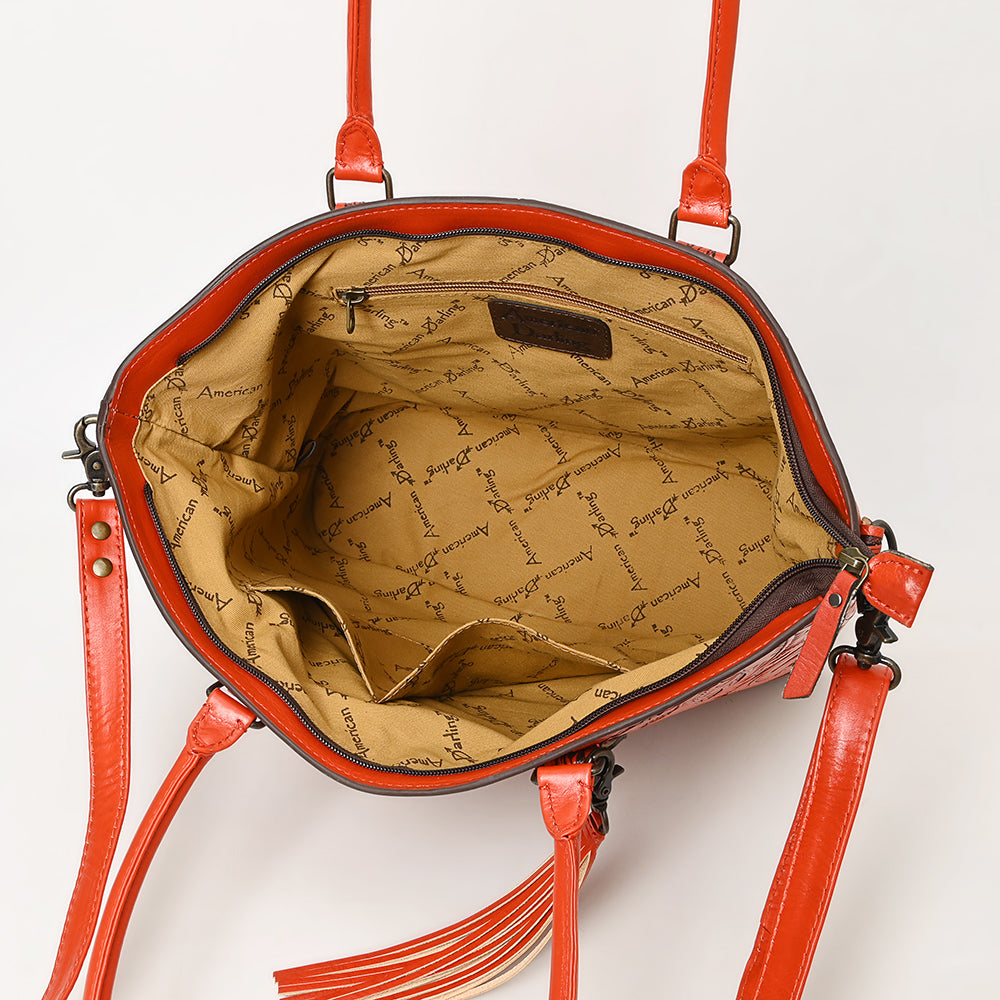 ADBG1480 American Darling Hand Tooled Western Leather Tote Bag with Floral Carving & Tassel - Genuine Leather
