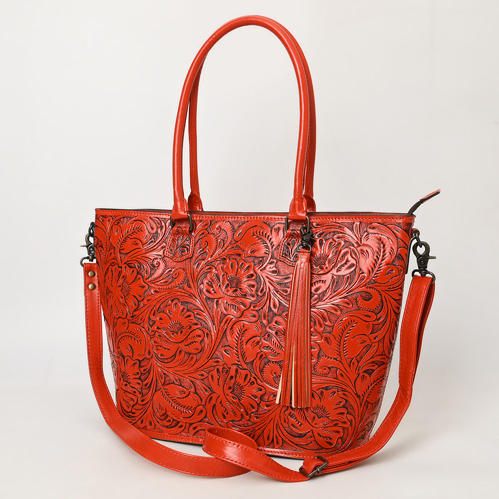 ADBG1480 American Darling Hand Tooled Western Leather Tote Bag with Floral Carving & Tassel - Genuine Leather