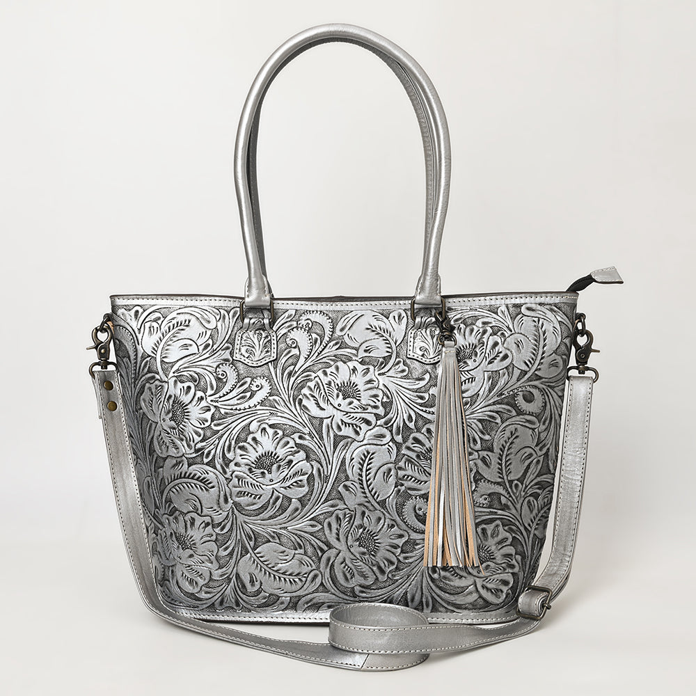 ADBG1480 American Darling Hand Tooled Western Leather Tote Bag with Floral Carving & Tassel - Genuine Leather