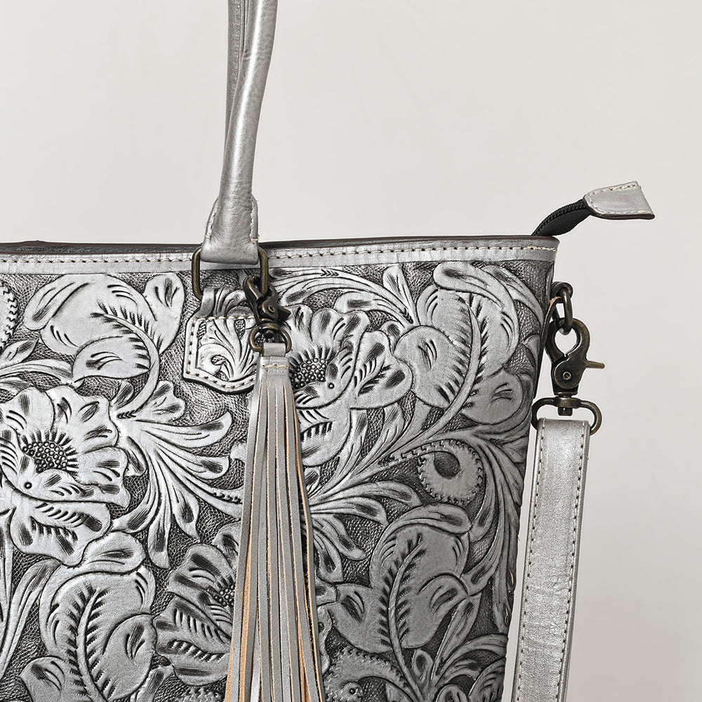ADBG1480 American Darling Hand Tooled Western Leather Tote Bag with Floral Carving & Tassel - Genuine Leather