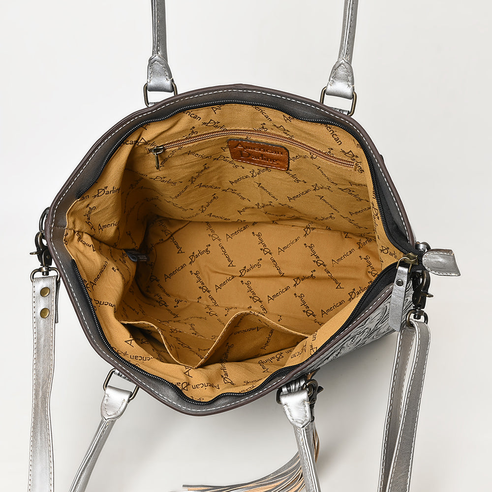 ADBG1480 American Darling Hand Tooled Western Leather Tote Bag with Floral Carving & Tassel - Genuine Leather