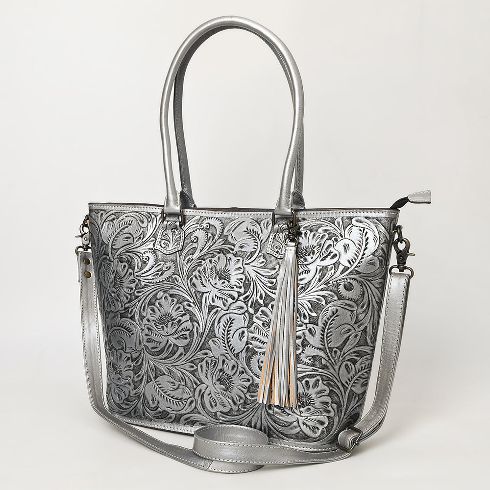 ADBG1480 American Darling Hand Tooled Western Leather Tote Bag with Floral Carving & Tassel - Genuine Leather