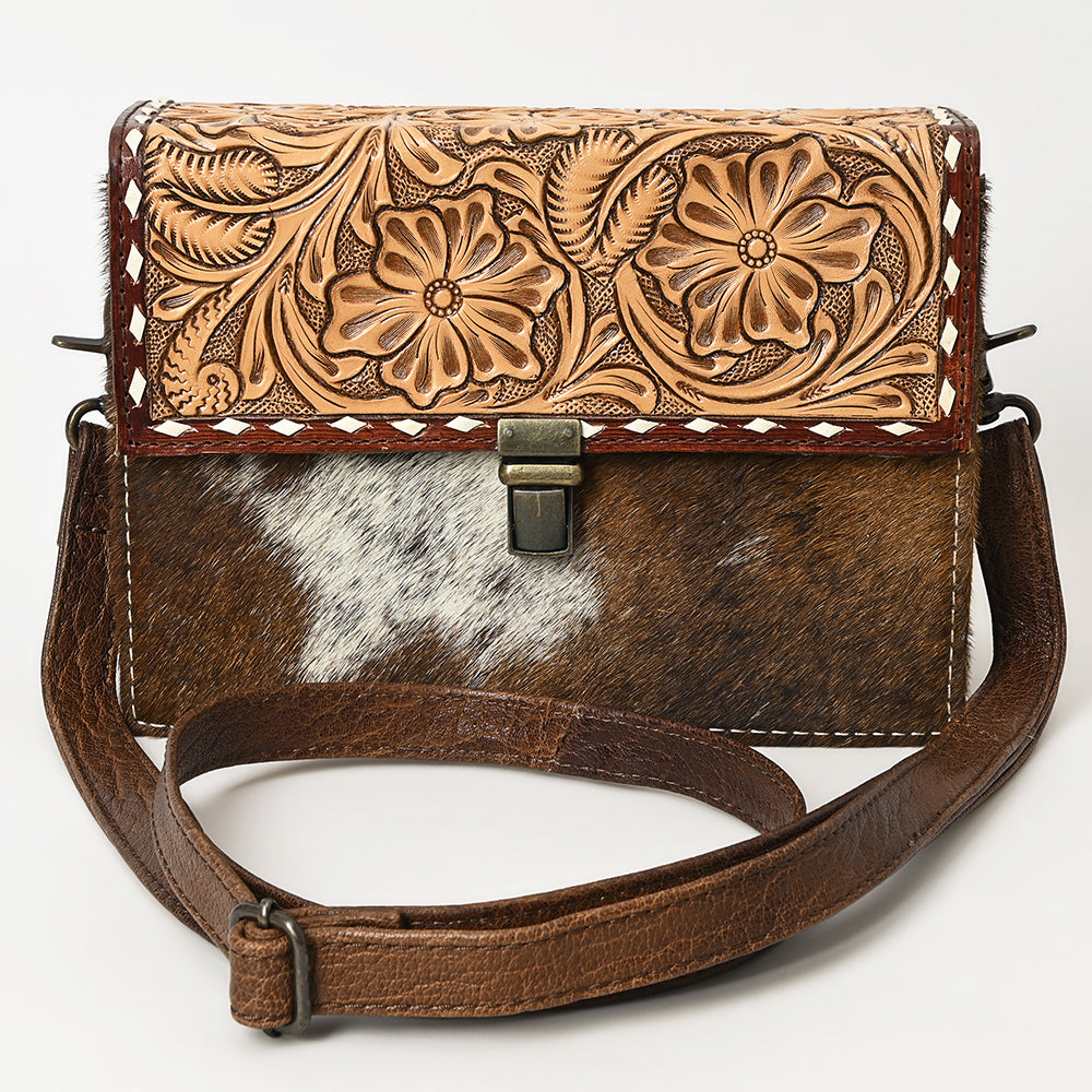 ADBG1465 American Darling Western Leather Small Cross Body Bag with Hand-Tooled Floral Detailing & Cowhide Panel