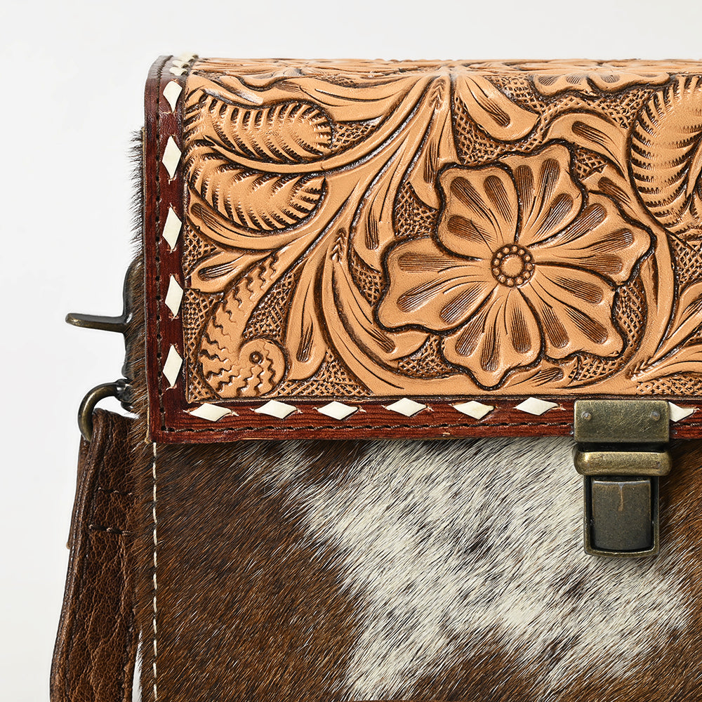 ADBG1465 American Darling Western Leather Small Cross Body Bag with Hand-Tooled Floral Detailing & Cowhide Panel