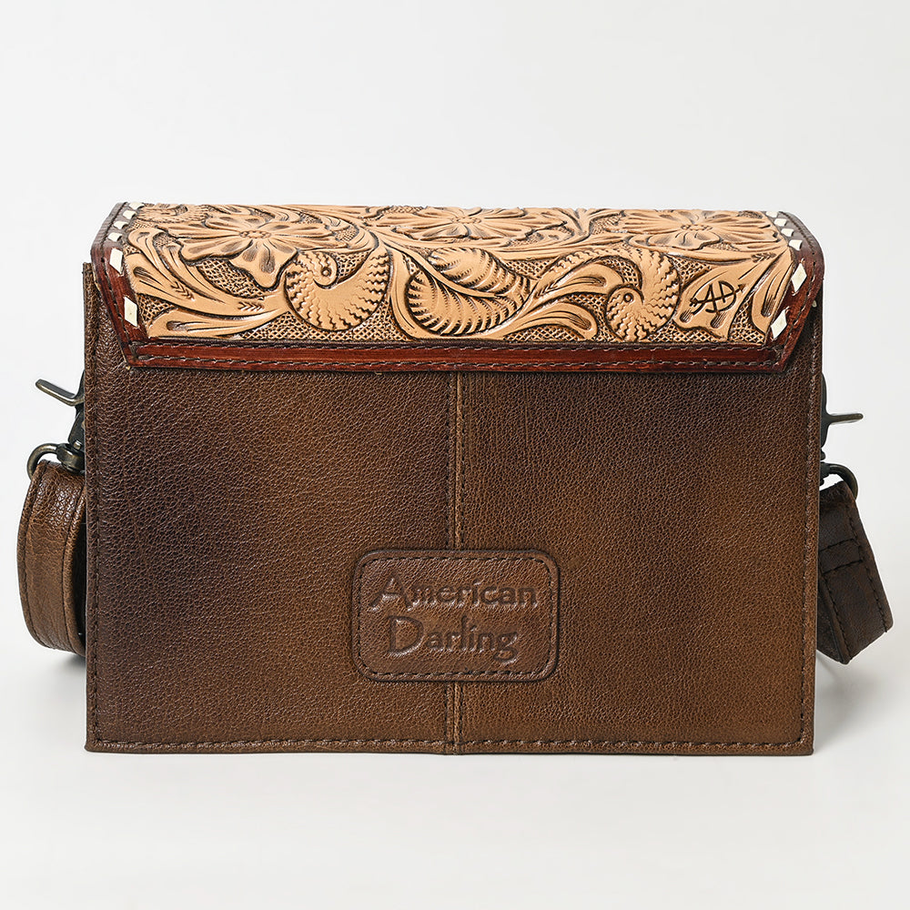 ADBG1465 American Darling Western Leather Small Cross Body Bag with Hand-Tooled Floral Detailing & Cowhide Panel