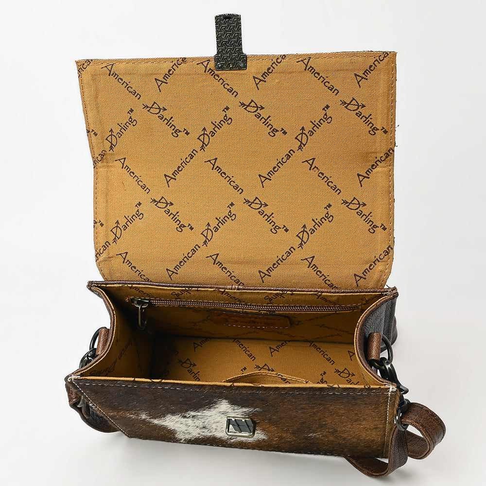ADBG1465 American Darling Western Leather Small Cross Body Bag with Hand-Tooled Floral Detailing & Cowhide Panel