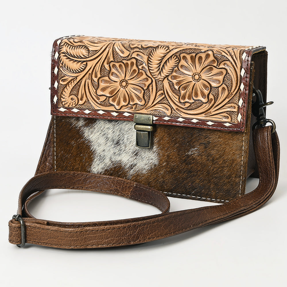 ADBG1465 American Darling Western Leather Small Cross Body Bag with Hand-Tooled Floral Detailing & Cowhide Panel