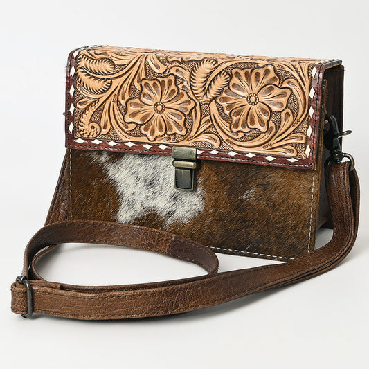 ADBG1465 American Darling Western Leather Small Cross Body Bag with Hand-Tooled Floral Detailing & Cowhide Panel