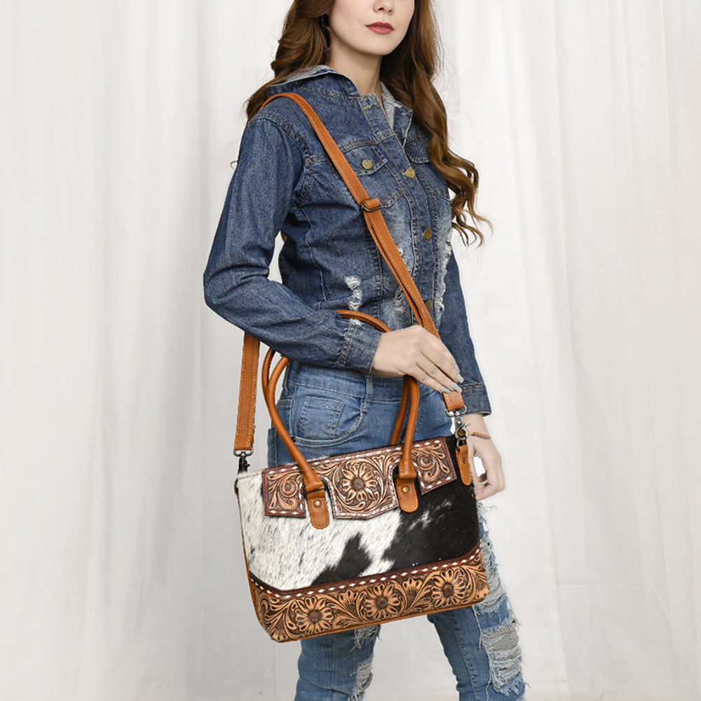 ADBG1467 American Darling Western Leather Tote Bag with Hand-Tooled Floral Carving & Hair-On Cowhide Panel