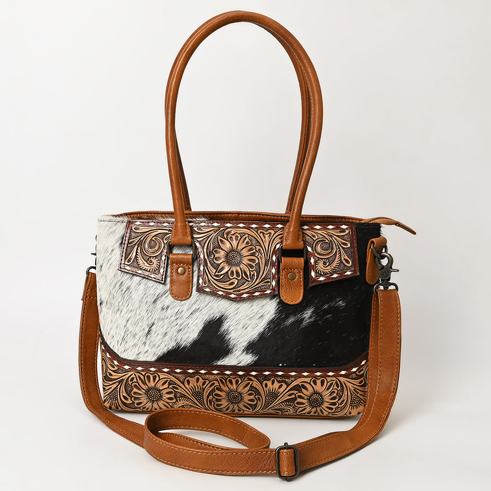 ADBG1467 American Darling Western Leather Tote Bag with Hand-Tooled Floral Carving & Hair-On Cowhide Panel