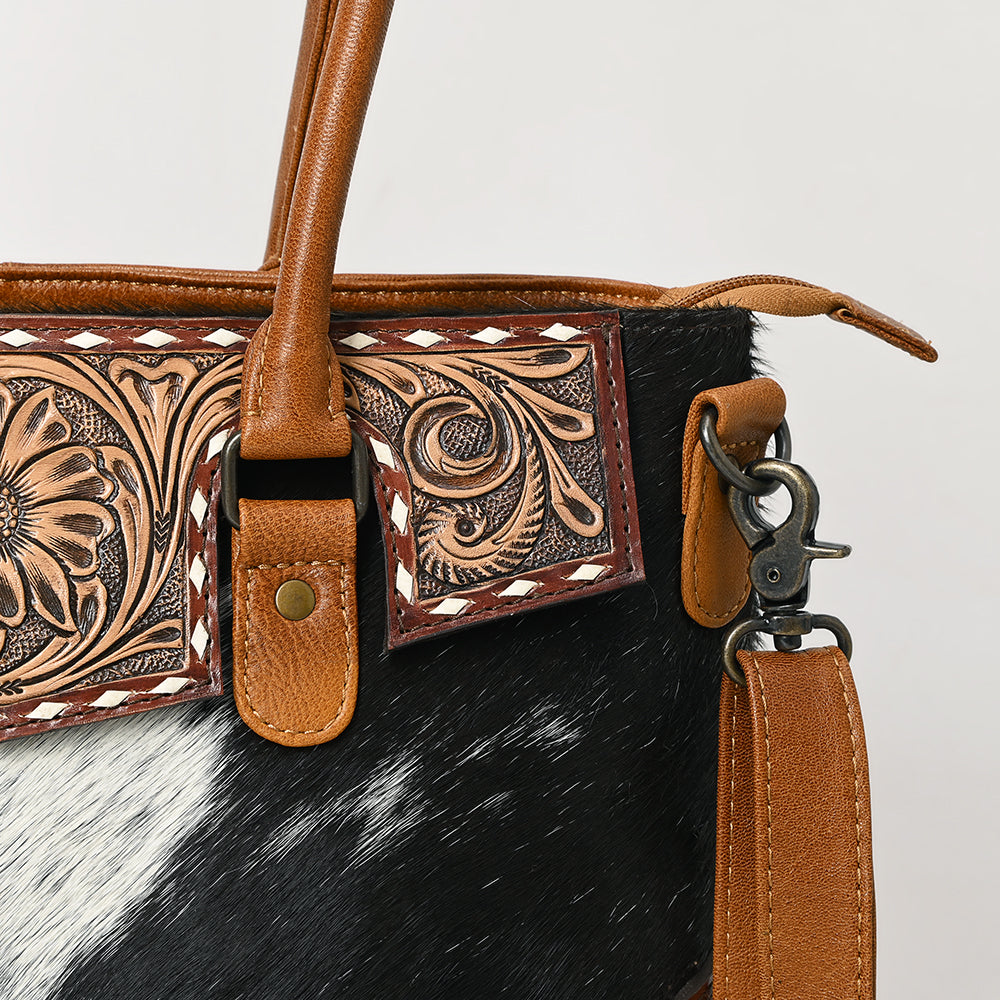 ADBG1467 American Darling Western Leather Tote Bag with Hand-Tooled Floral Carving & Hair-On Cowhide Panel