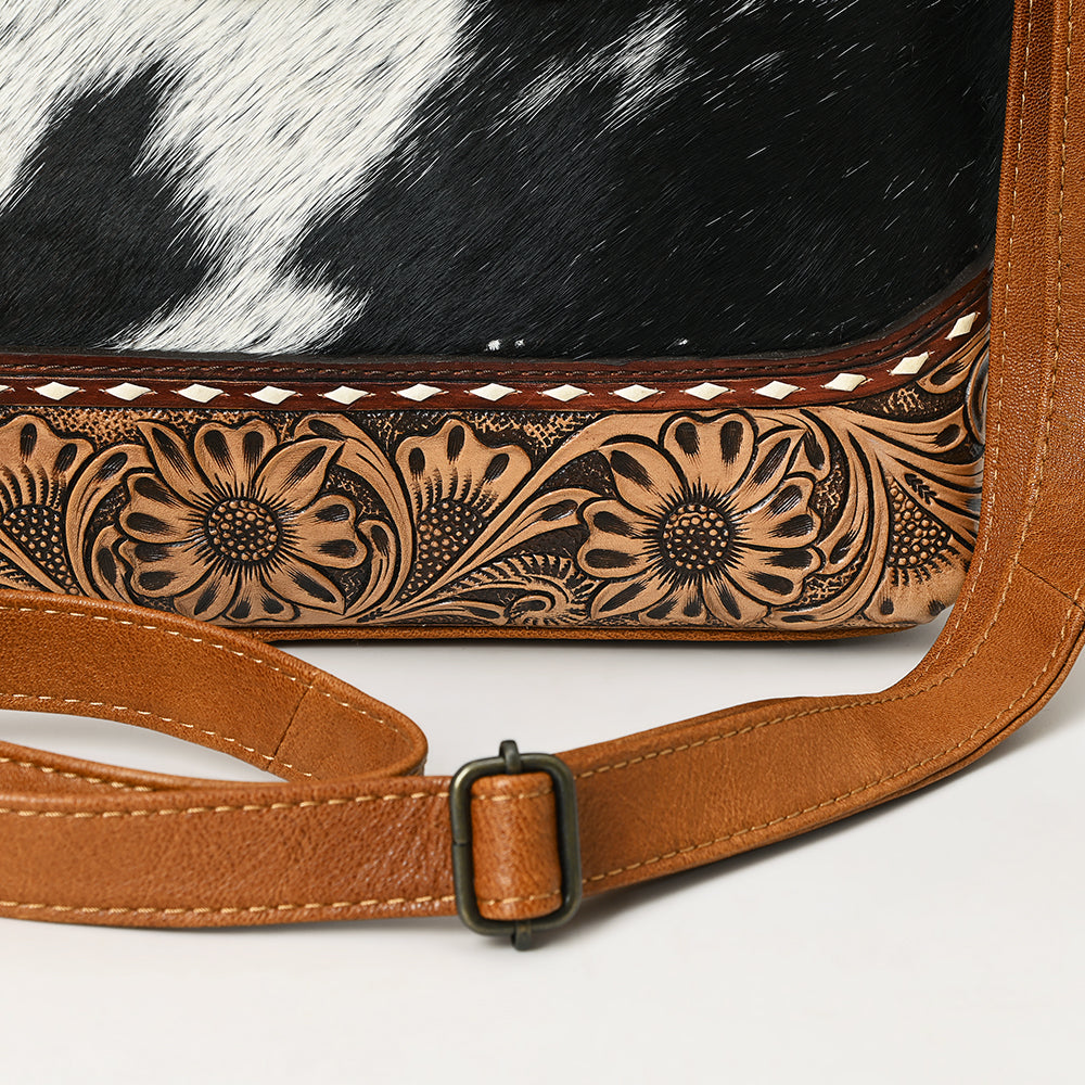 ADBG1467 American Darling Western Leather Tote Bag with Hand-Tooled Floral Carving & Hair-On Cowhide Panel