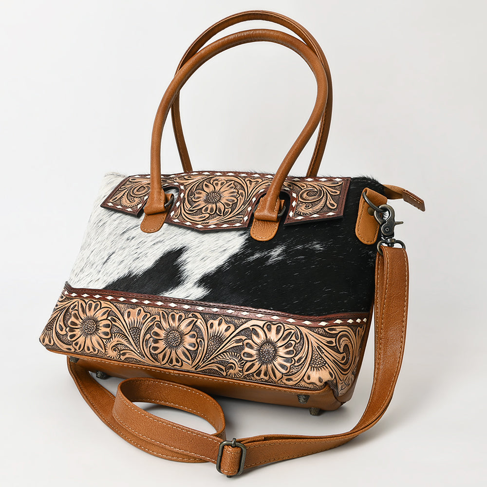 ADBG1467 American Darling Western Leather Tote Bag with Hand-Tooled Floral Carving & Hair-On Cowhide Panel
