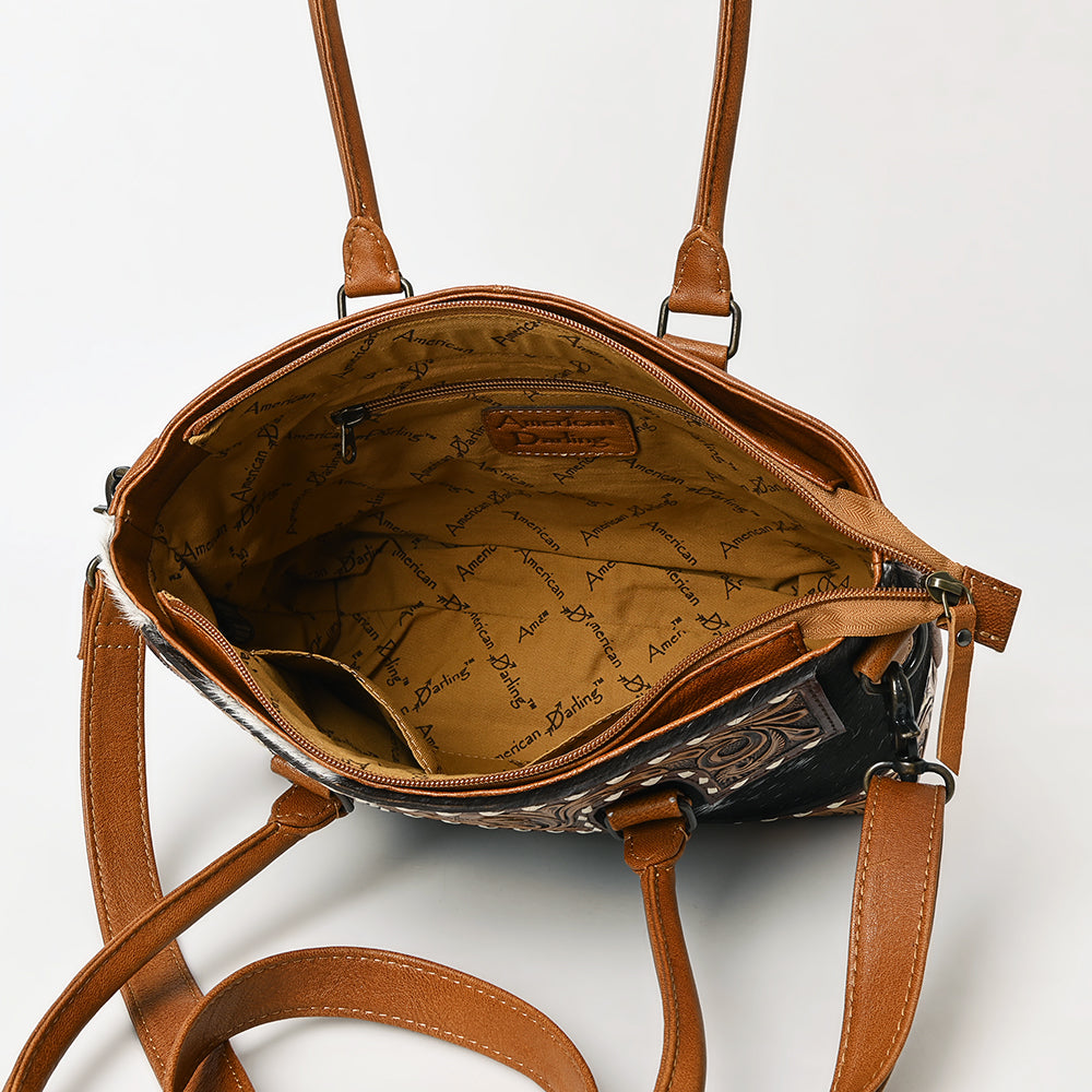 ADBG1467 American Darling Western Leather Tote Bag with Hand-Tooled Floral Carving & Hair-On Cowhide Panel