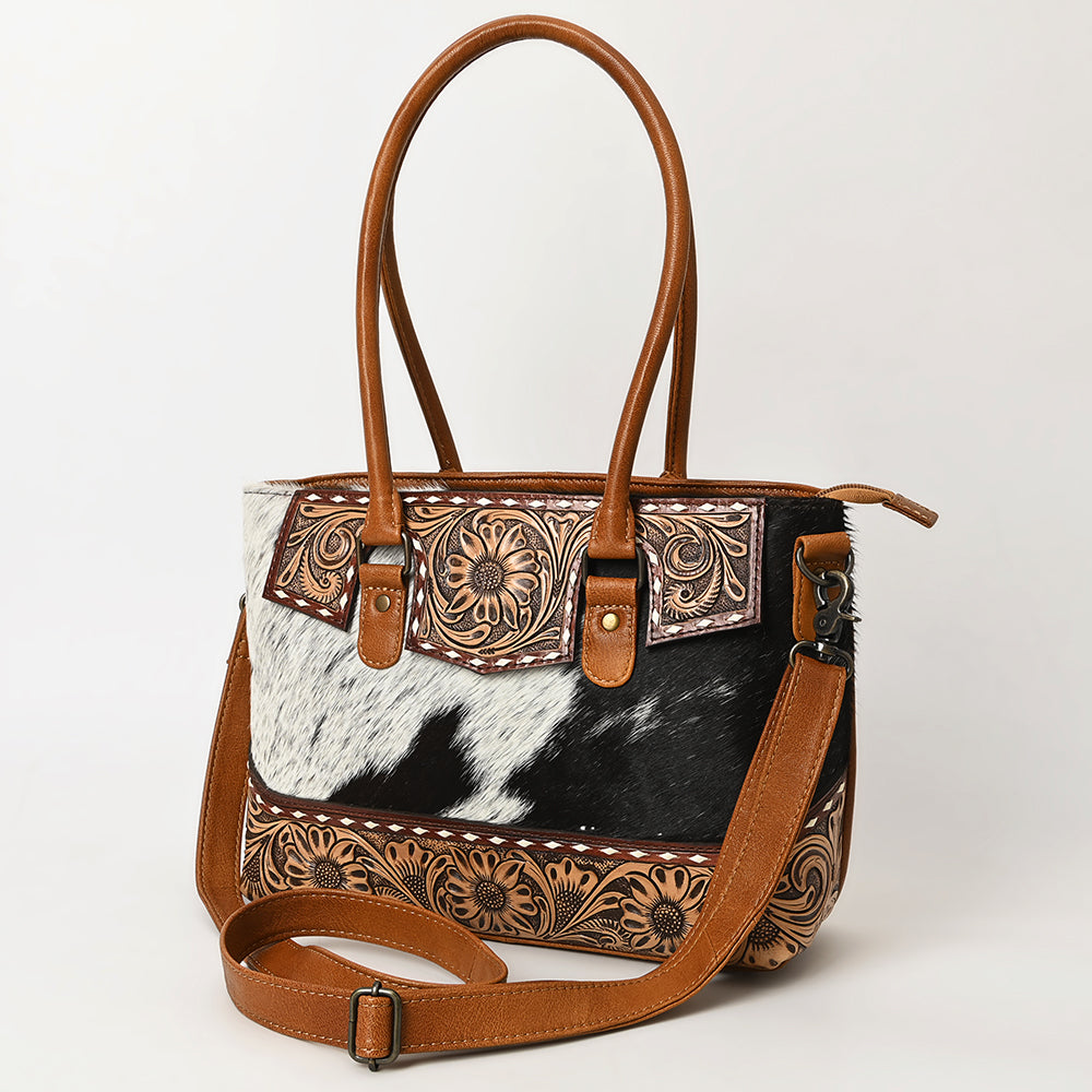 ADBG1467 American Darling Western Leather Tote Bag with Hand-Tooled Floral Carving & Hair-On Cowhide Panel