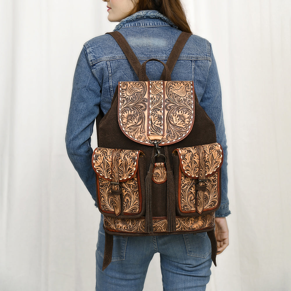 ADBG1468 American Darling Western Leather Backpack Bag with Hand-Tooled Floral Detailing and Genuine Suede Leather Craftsmanship