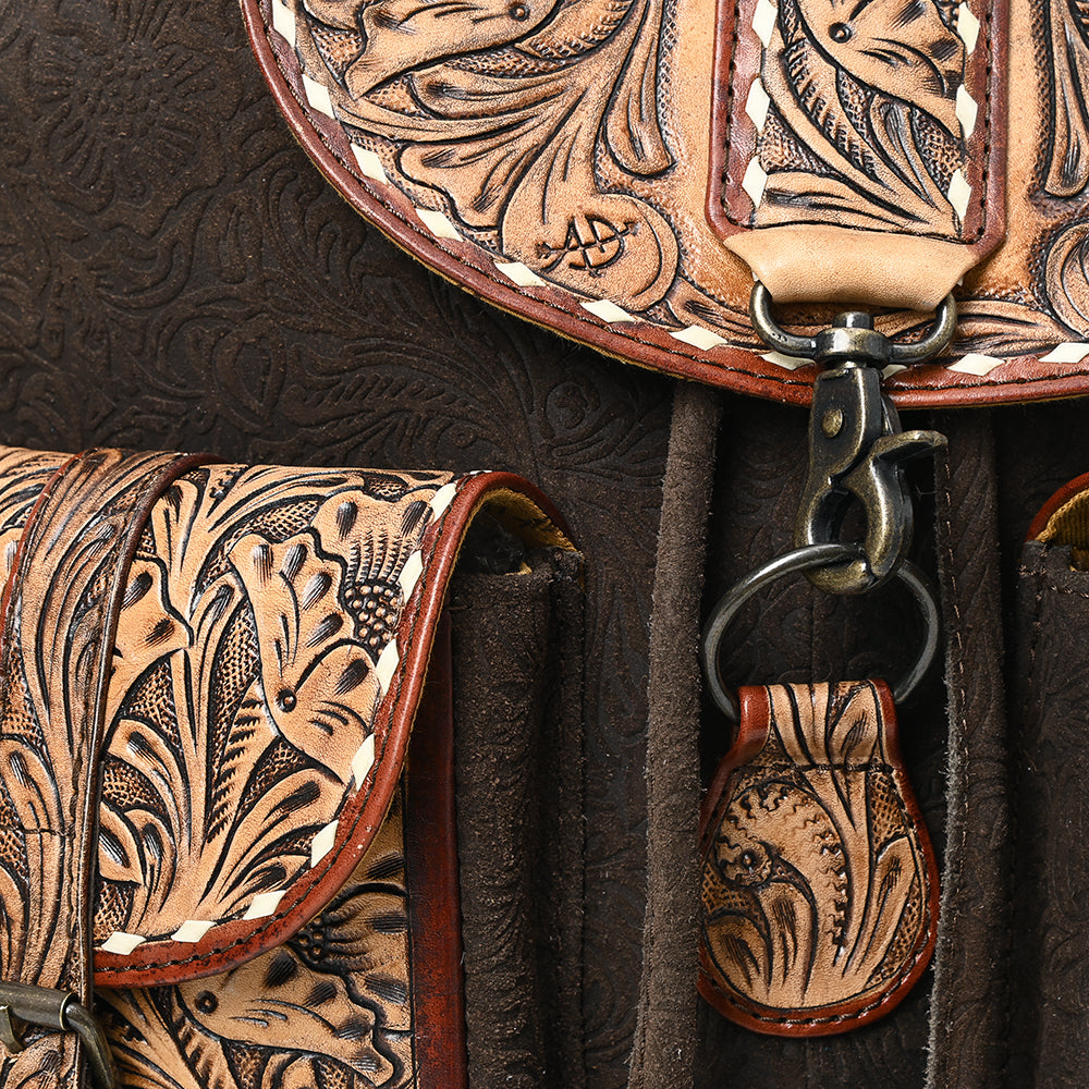 ADBG1468 American Darling Western Leather Backpack Bag with Hand-Tooled Floral Detailing and Genuine Suede Leather Craftsmanship