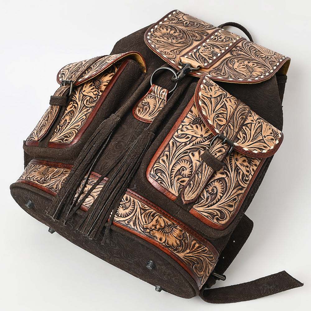 ADBG1468 American Darling Western Leather Backpack Bag with Hand-Tooled Floral Detailing and Genuine Suede Leather Craftsmanship