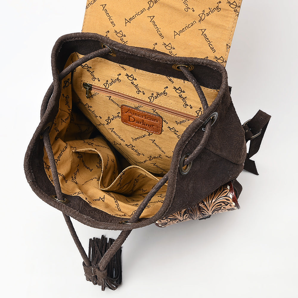 ADBG1468 American Darling Western Leather Backpack Bag with Hand-Tooled Floral Detailing and Genuine Suede Leather Craftsmanship