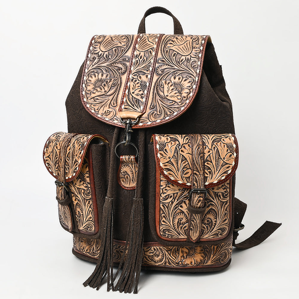 ADBG1468 American Darling Western Leather Backpack Bag with Hand-Tooled Floral Detailing and Genuine Suede Leather Craftsmanship