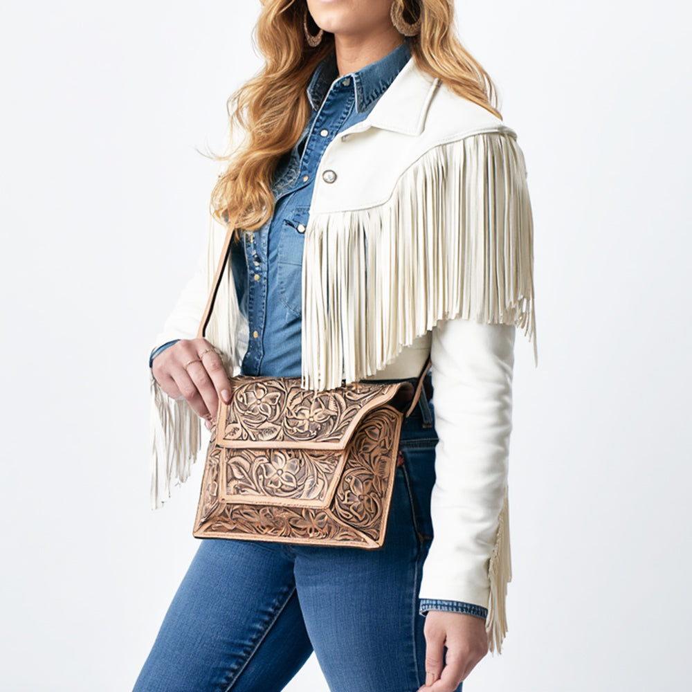ADBG1469 American Darling Hand-Tooled Western Leather Messenger Bag with Floral Carving and Genuine Leather Craftsmanship