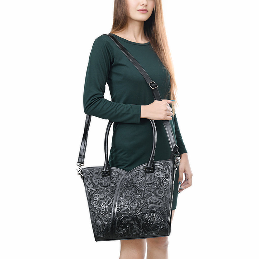 ADBG1473 American Darling Handcrafted Western Leather Tote Bag with Floral Tooled Detailing