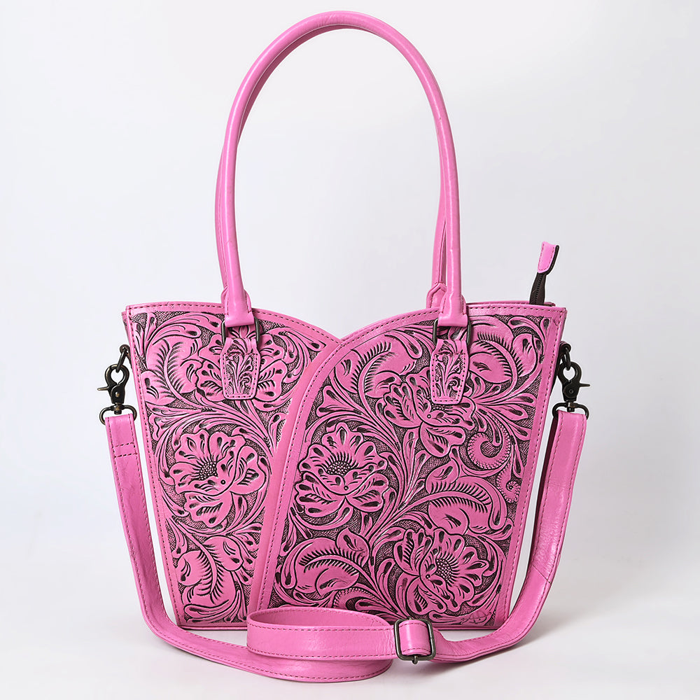 ADBG1473 American Darling Pink Western Leather Tote Bag - Hand-Tooled Floral Carved Genuine Leather Tote