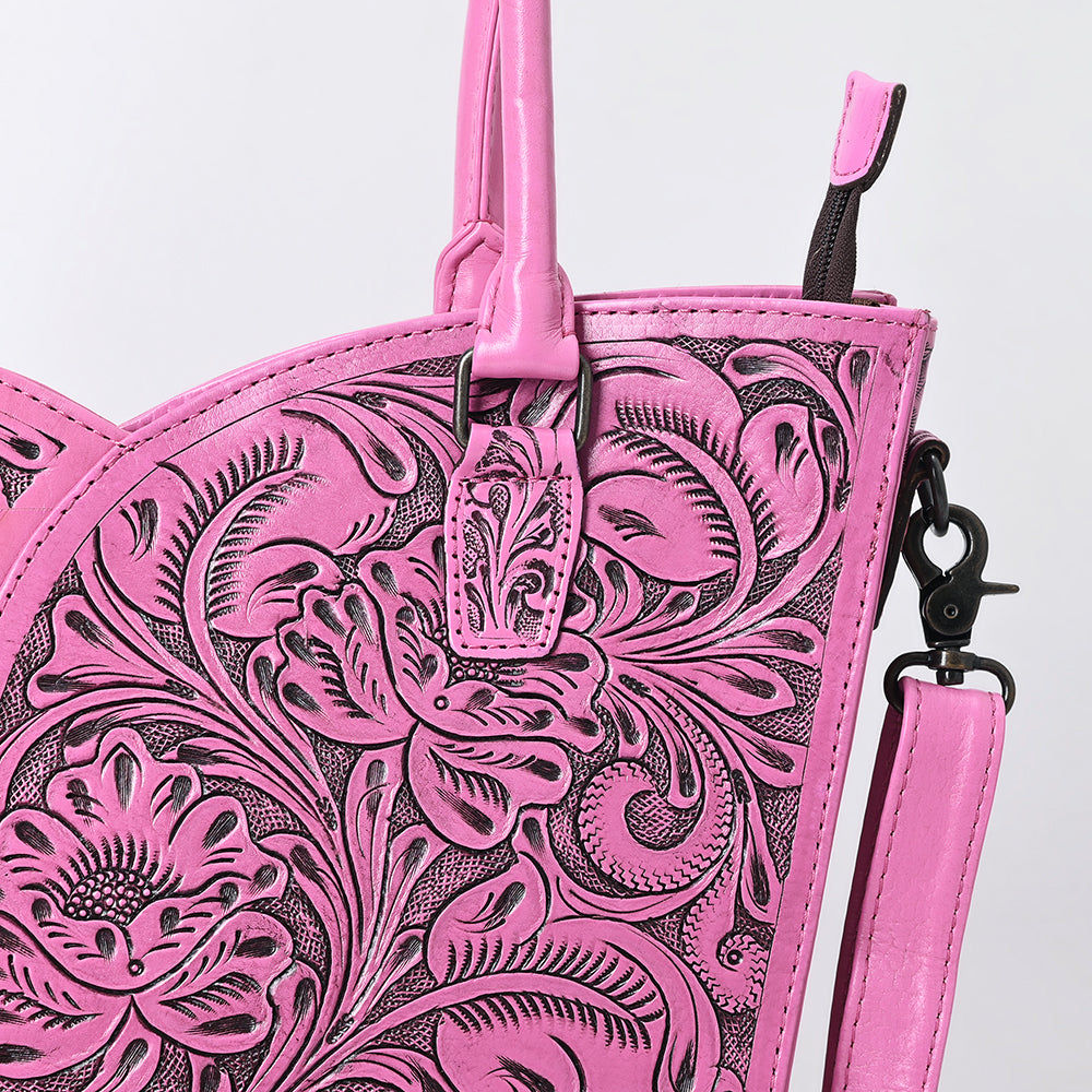 ADBG1473 American Darling Pink Western Leather Tote Bag - Hand-Tooled Floral Carved Genuine Leather Tote