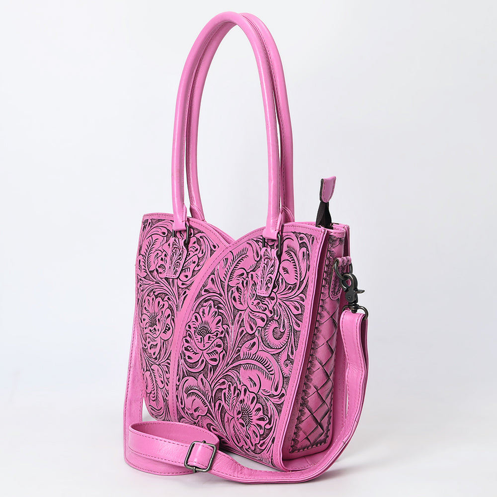 ADBG1473 American Darling Pink Western Leather Tote Bag - Hand-Tooled Floral Carved Genuine Leather Tote