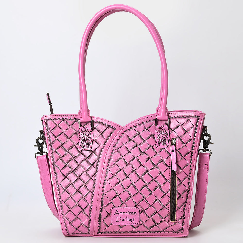 ADBG1473 American Darling Pink Western Leather Tote Bag - Hand-Tooled Floral Carved Genuine Leather Tote