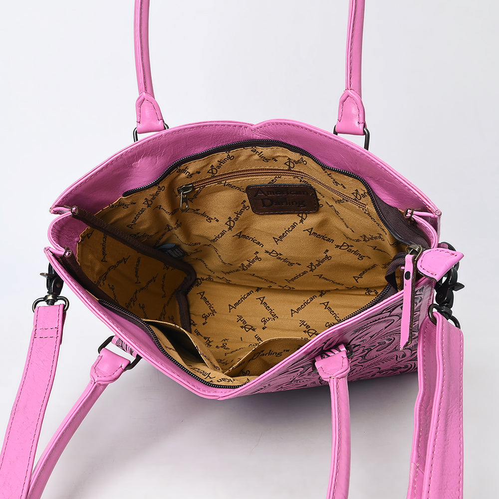 ADBG1473 American Darling Pink Western Leather Tote Bag - Hand-Tooled Floral Carved Genuine Leather Tote