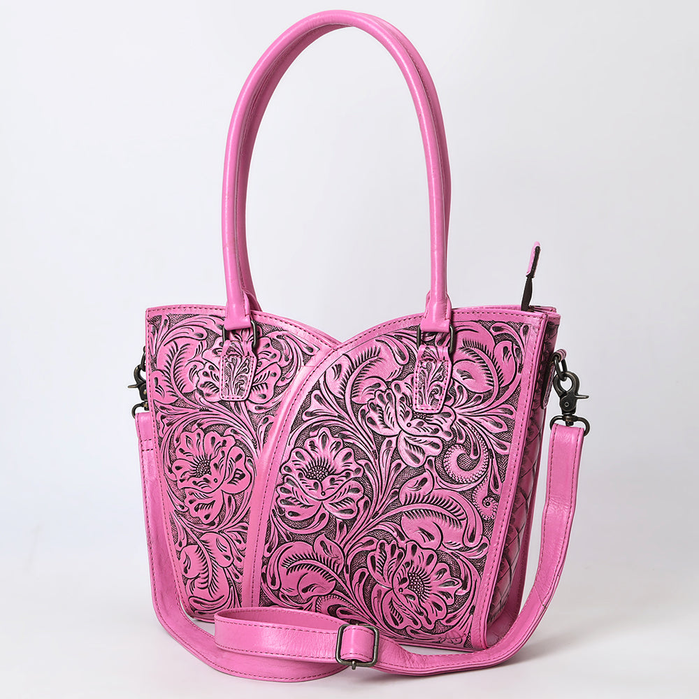 ADBG1473 American Darling Pink Western Leather Tote Bag - Hand-Tooled Floral Carved Genuine Leather Tote