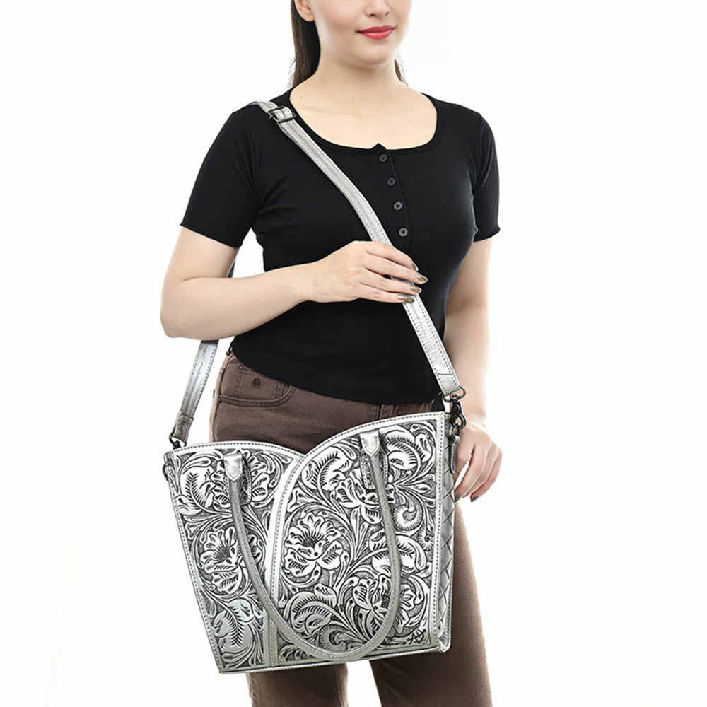 ADBG1473 American Darling Handcrafted Western Leather Tote Bag with Floral Tooled Detailing