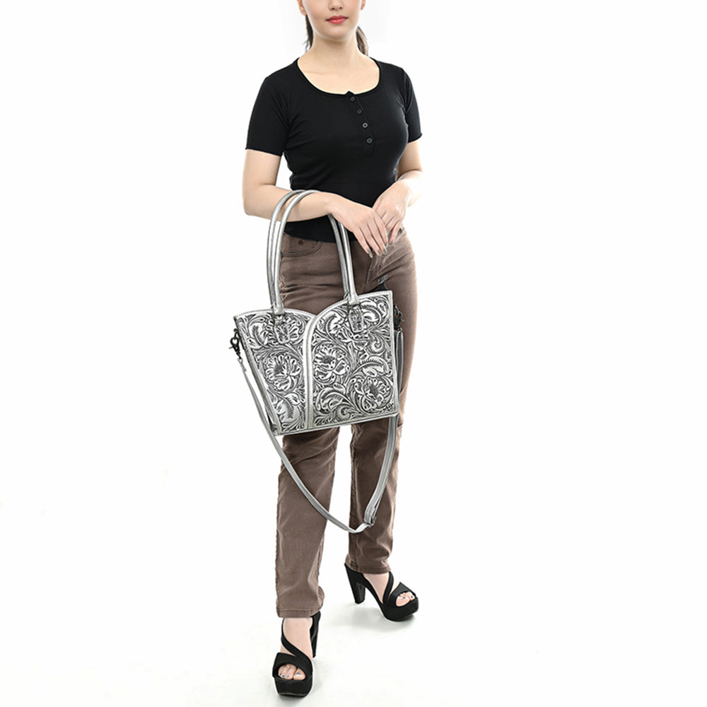 ADBG1473 American Darling Handcrafted Western Leather Tote Bag with Floral Tooled Detailing