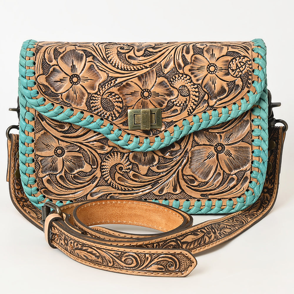 ADBG1475 American Darling Western Genuine Leather Small Cross Body Bag with Hand-Tooled Floral Design