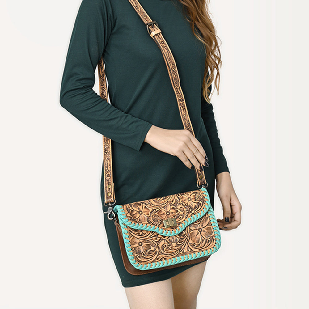 ADBG1475 American Darling Western Genuine Leather Small Cross Body Bag with Hand-Tooled Floral Design