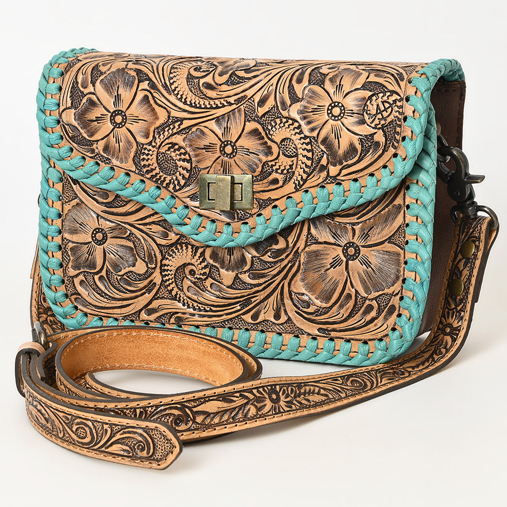 ADBG1475 American Darling Western Genuine Leather Small Cross Body Bag with Hand-Tooled Floral Design