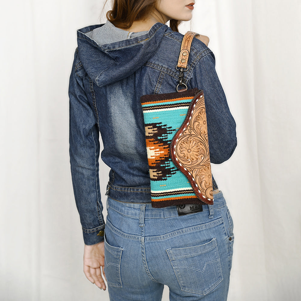 ADBG1477 American Darling Hand Tooled Leather Western Wristlet Bag with Saddle Blanket & Floral Carved Flap