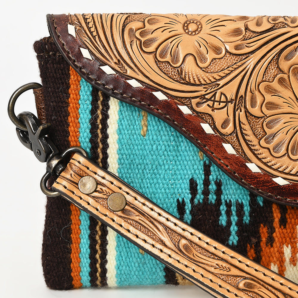 ADBG1477 American Darling Hand Tooled Leather Western Wristlet Bag with Saddle Blanket & Floral Carved Flap