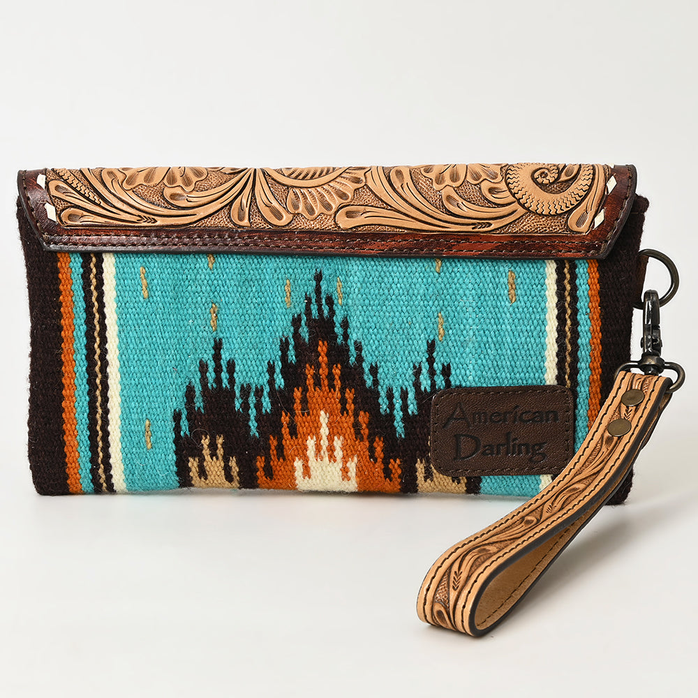 ADBG1477 American Darling Hand Tooled Leather Western Wristlet Bag with Saddle Blanket & Floral Carved Flap