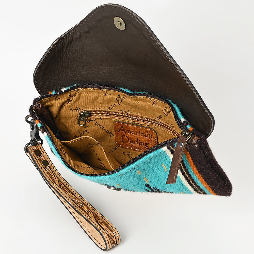 ADBG1477 American Darling Hand Tooled Leather Western Wristlet Bag with Saddle Blanket & Floral Carved Flap