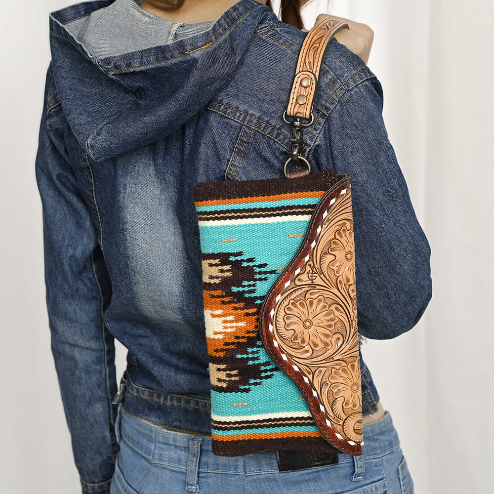 ADBG1477 American Darling Hand Tooled Leather Western Wristlet Bag with Saddle Blanket & Floral Carved Flap